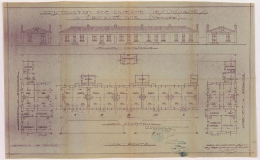 Construction d'une caserne des douanes : façade principale, [plan d'ensemble] / Dressé par l'architecte, Maurice Durand.